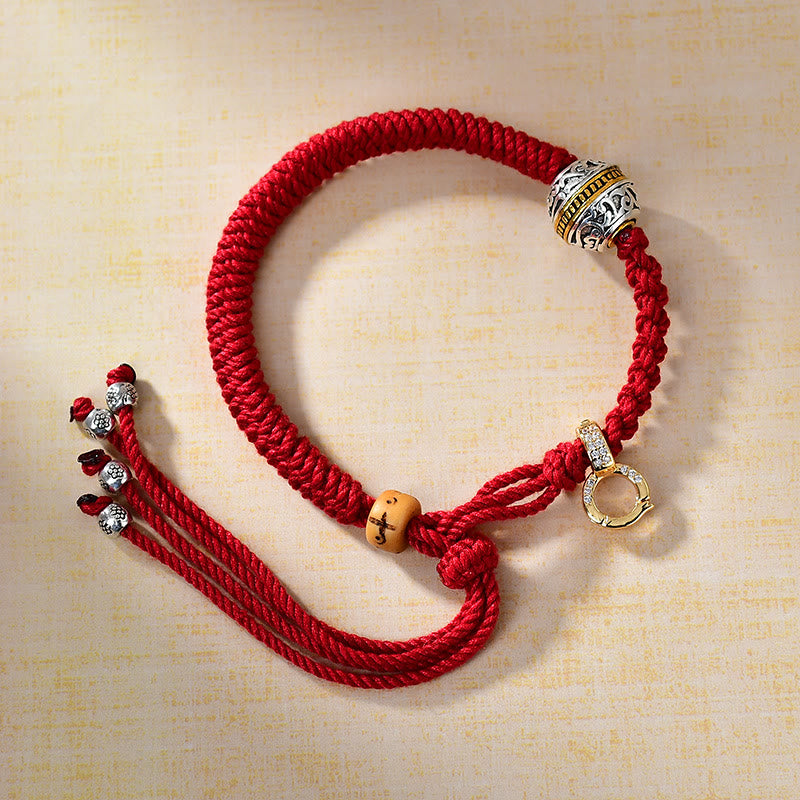 Bracelet porte-bonheur en corde tressée rouge avec Buddha Stones Thangka tibétain vert argent Tara Zakiram déesse de la richesse