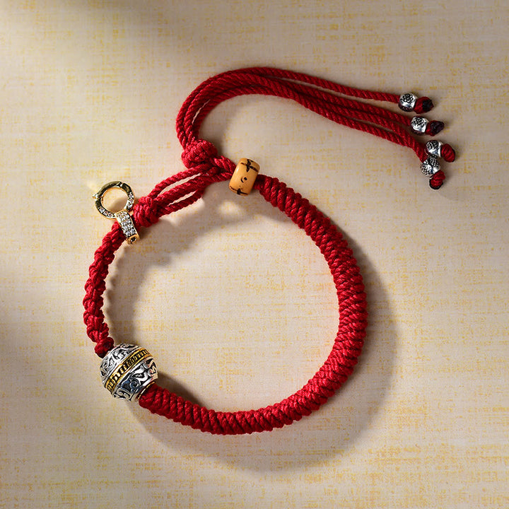 Bracelet porte-bonheur en corde tressée rouge avec Buddha Stones Thangka tibétain vert argent Tara Zakiram déesse de la richesse