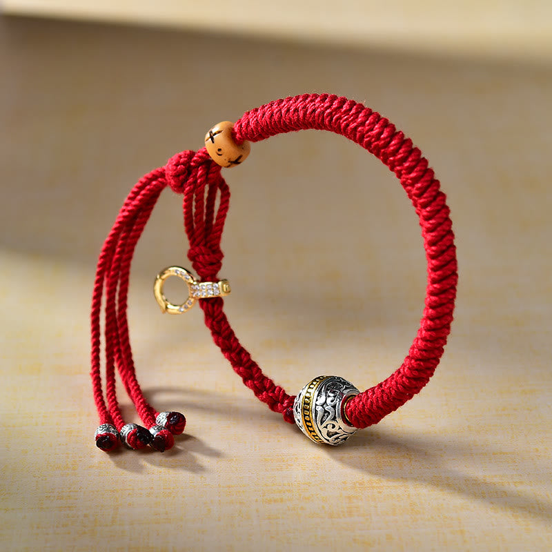 Bracelet porte-bonheur en corde tressée rouge avec Buddha Stones Thangka tibétain vert argent Tara Zakiram déesse de la richesse