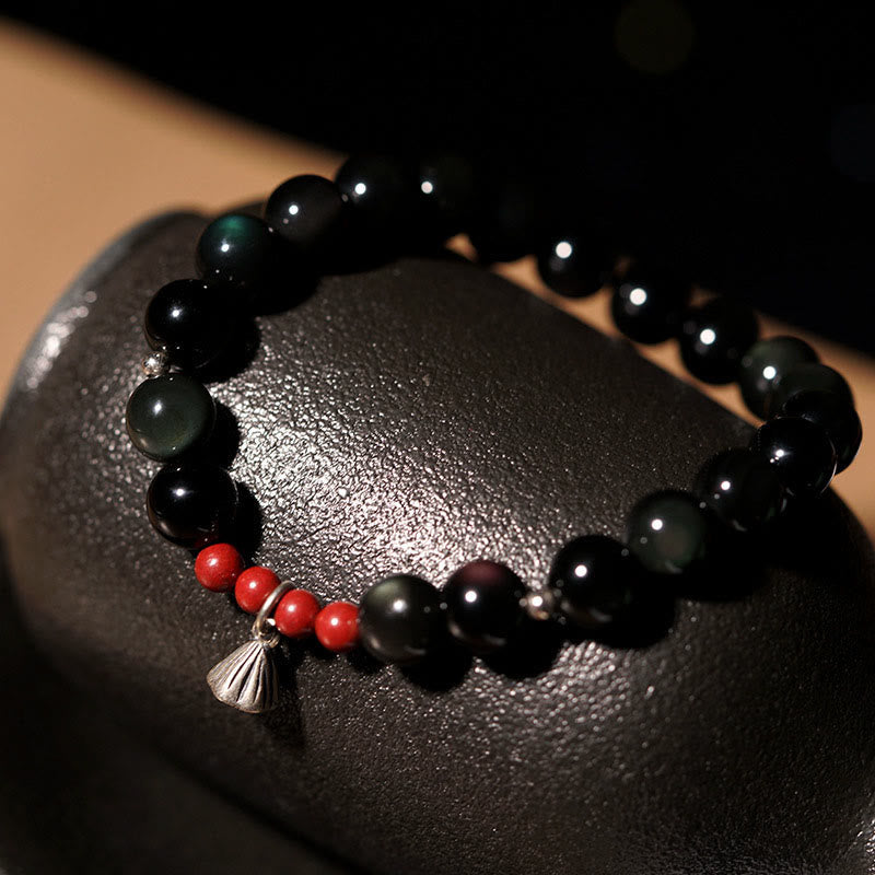 Bracelet de force et d'accomplissement en obsidienne noire naturelle et cinabre avec breloque lotus et Buddha Stones