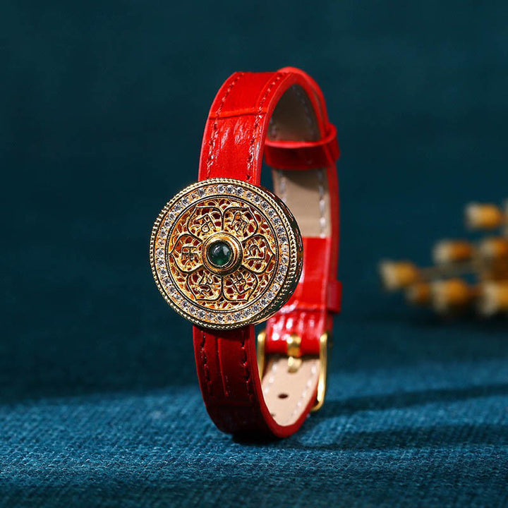 Bracelet en cuir plaqué or 24 Buddha Stones avec six mots vrais et huit trésors en jade et boussole