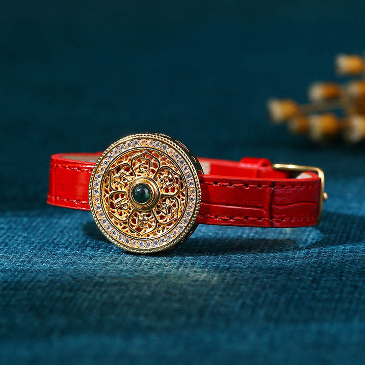 Bracelet en cuir plaqué or 24 Buddha Stones avec six mots vrais et huit trésors en jade et boussole