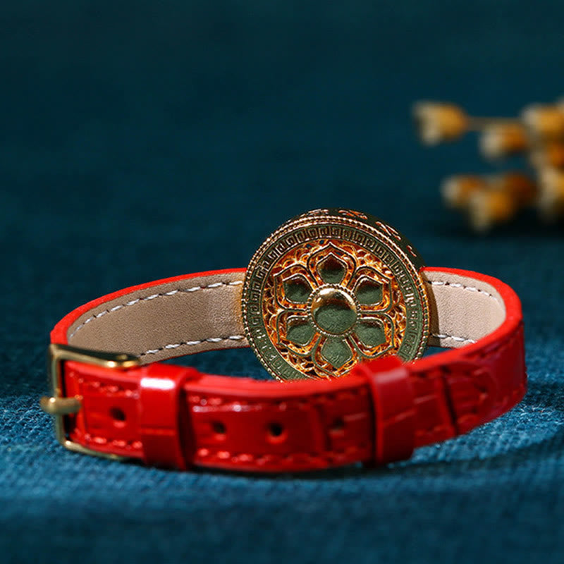 Bracelet en cuir plaqué or 24 Buddha Stones avec six mots vrais et huit trésors en jade et boussole