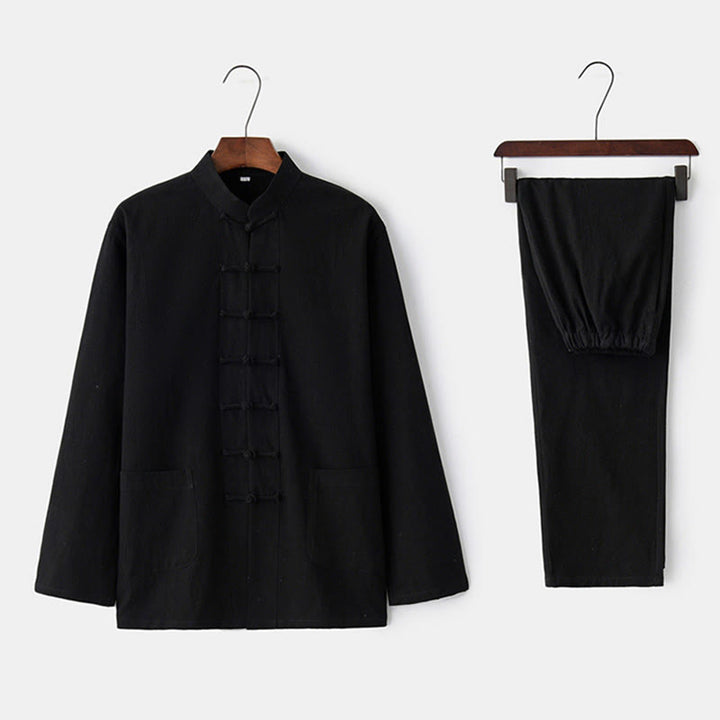 Chemise à manches longues et pantalon à boutons de grenouille Buddha Stones Tang pour homme - Noir - US/UK/AU44,EU54 (4XL) - image 1