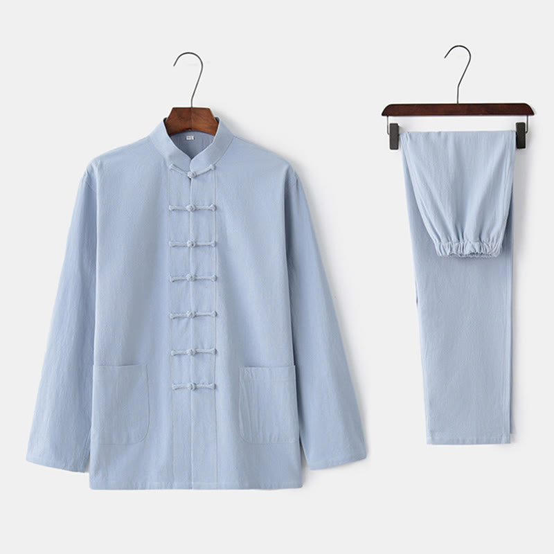 Chemise à manches longues et pantalon à boutons de grenouille Buddha Stones Tang pour homme - Bleu ciel clair - US/UK/AU44,EU54 (4XL) - image 7