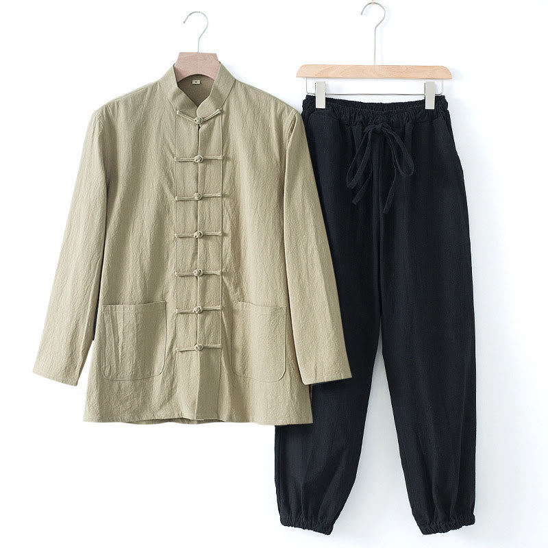 Chemise à manches longues et pantalon pour homme avec boutons de grenouille et Buddha Stones - Chemise beige et pantalon noir - US/UK/AU44,EU54 (4XL) - image 22