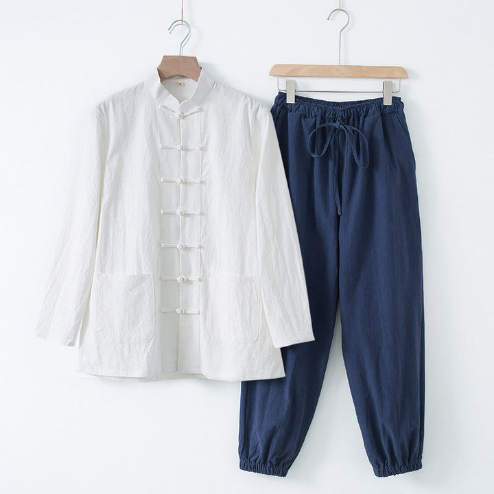 Chemise à manches longues et pantalon pour homme avec boutons de grenouille et Buddha Stones - Chemise blanche et pantalon bleu foncé - US/UK/AU44,EU54 (4XL) - image 21