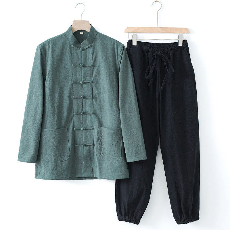 Chemise à manches longues et pantalon pour homme avec boutons de grenouille et Buddha Stones - Chemise bleue et pantalon noir Cadet - US/UK/AU44,EU54 (4XL) - image 24