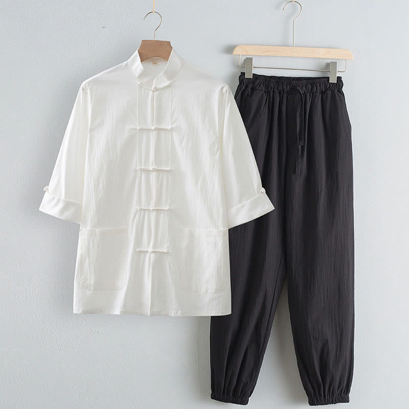 Chemise à manches trois-quarts et pantalon à boutons de grenouille Buddha Stones Tang pour homme