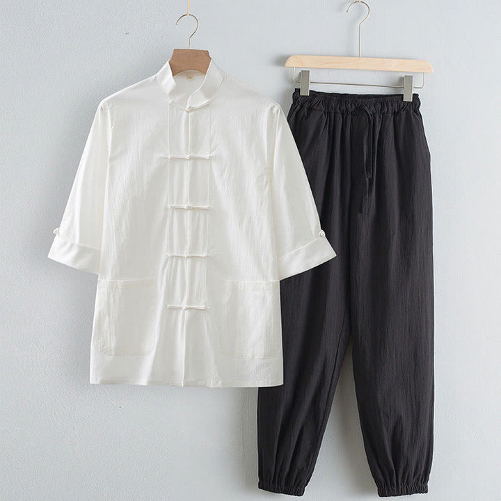 Chemise à manches trois-quarts et pantalon à boutons de grenouille Buddha Stones Tang pour homme