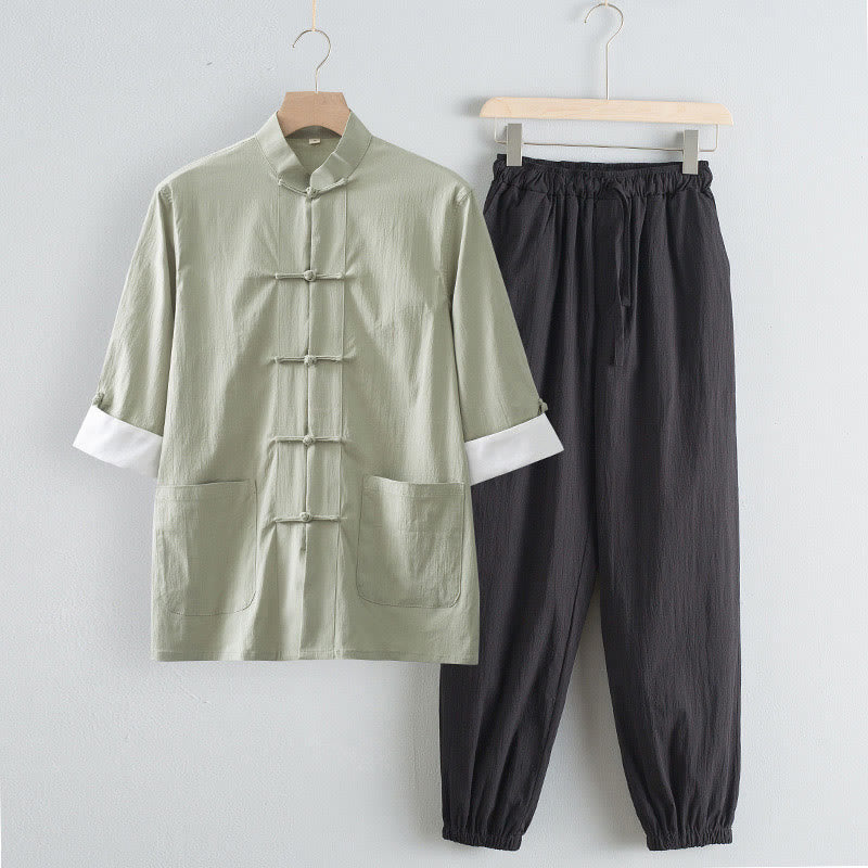 Chemise à manches trois-quarts et pantalon à boutons de grenouille Buddha Stones Tang pour homme