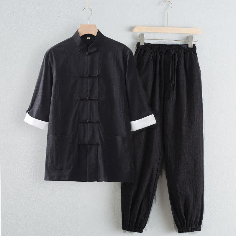 Chemise à manches trois-quarts et pantalon à boutons de grenouille Buddha Stones Tang pour homme