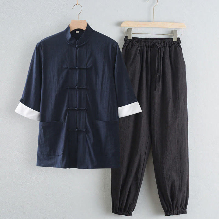 Chemise à manches trois-quarts et pantalon à boutons de grenouille Buddha Stones Tang pour homme