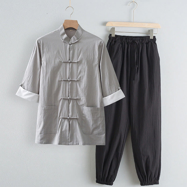 Chemise à manches trois-quarts et pantalon à boutons de grenouille Buddha Stones Tang pour homme