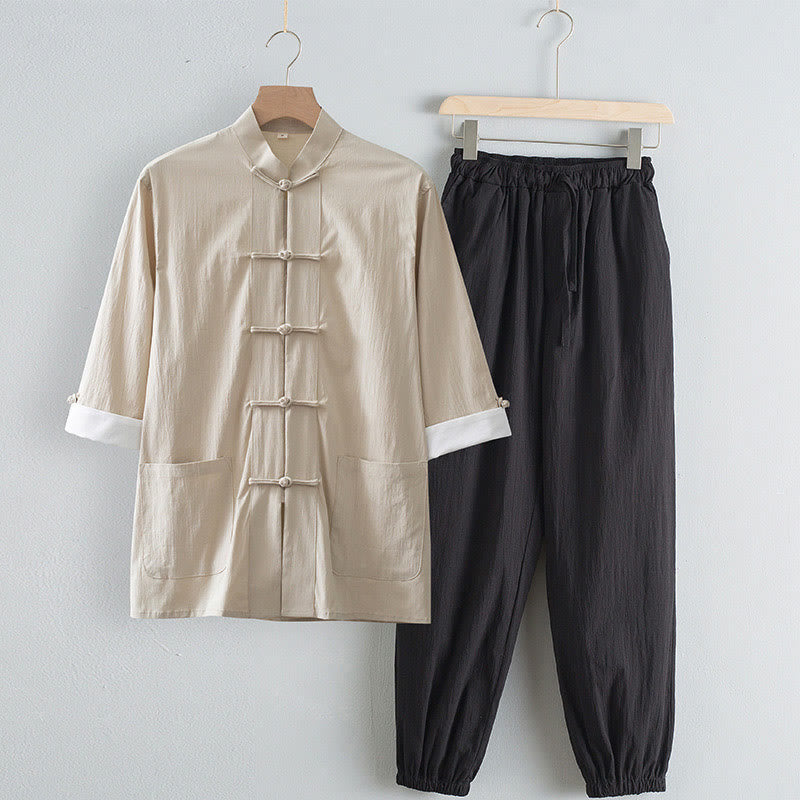 Chemise à manches trois-quarts et pantalon à boutons de grenouille Buddha Stones Tang pour homme