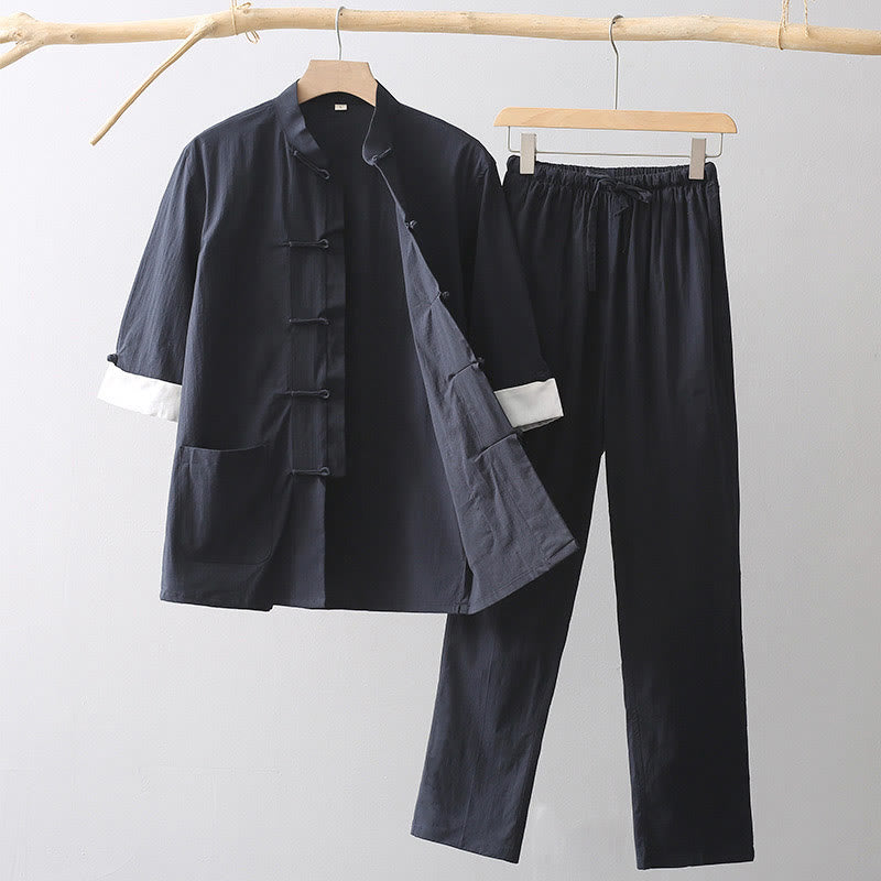 Chemise à manches trois-quarts à boutons de grenouille Buddha Stones Tang Pantalon à jambe large Costume pour homme en coton et lin