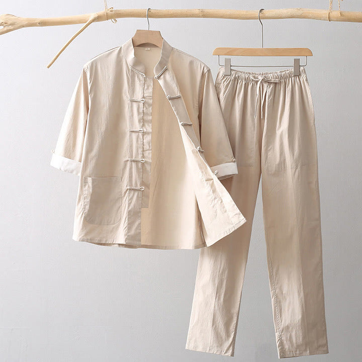 Chemise à manches trois-quarts à boutons de grenouille Buddha Stones Tang Pantalon à jambe large Costume pour homme en coton et lin