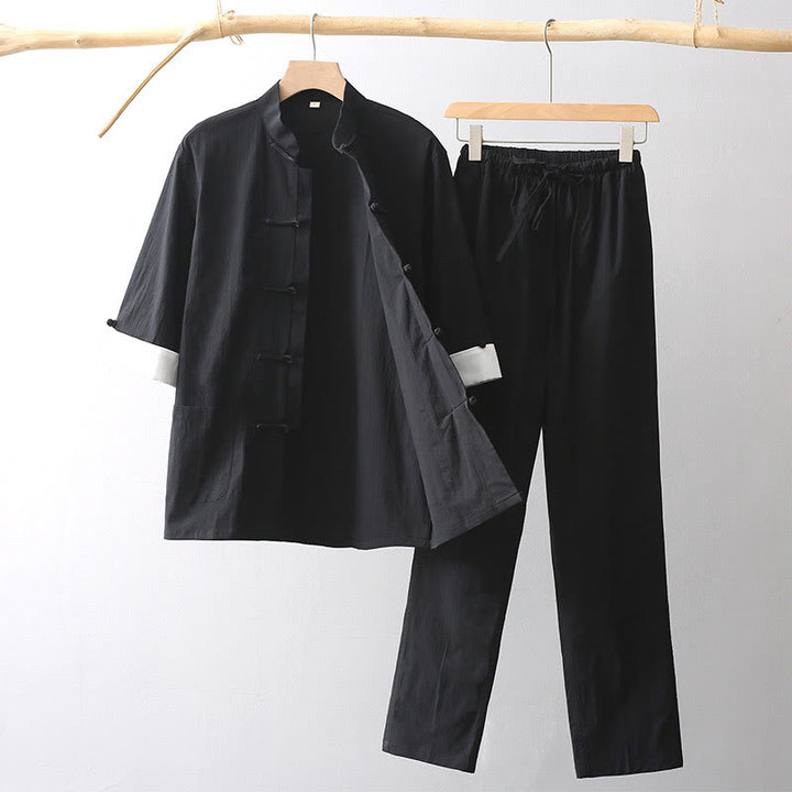 Chemise à manches trois-quarts à boutons de grenouille Buddha Stones Tang Pantalon à jambe large Costume pour homme en coton et lin