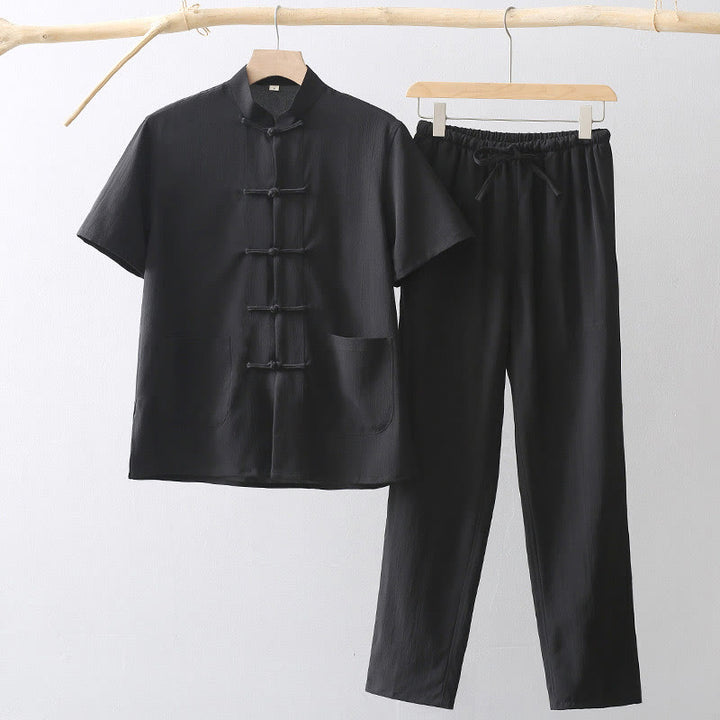 Chemise à manches courtes et pantalon large à boutons de grenouille Buddha Stones Tang pour homme