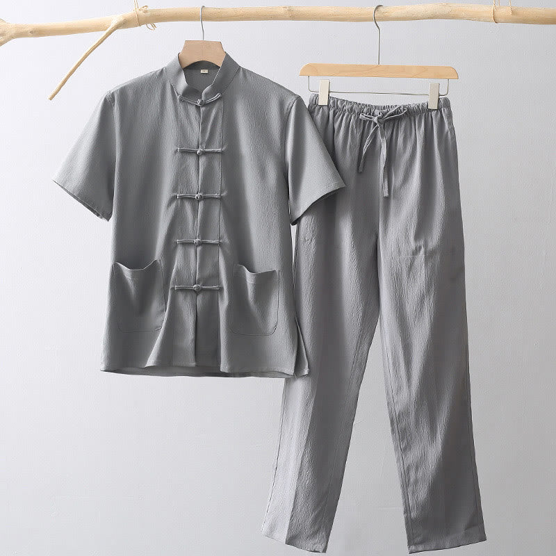 Chemise à manches courtes et pantalon large à boutons de grenouille Buddha Stones Tang pour homme