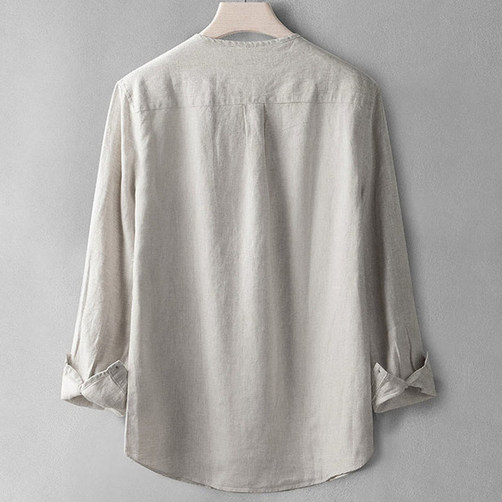 Chemise boutonnée à manches longues de couleur unie Buddha Stones en lin pour hommes - image 11