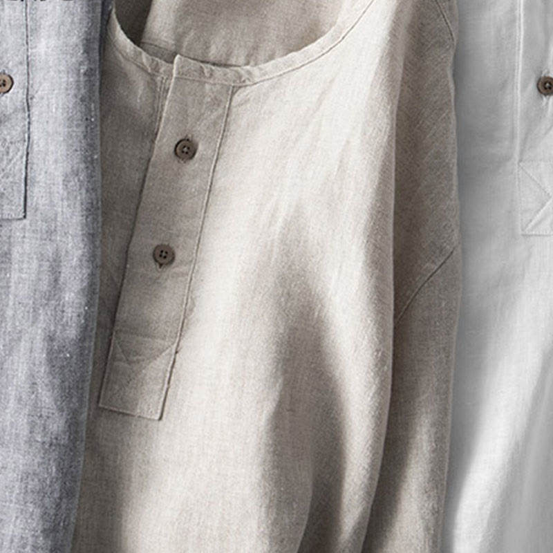 Chemise boutonnée à manches longues de couleur unie Buddha Stones en lin pour hommes - image 14