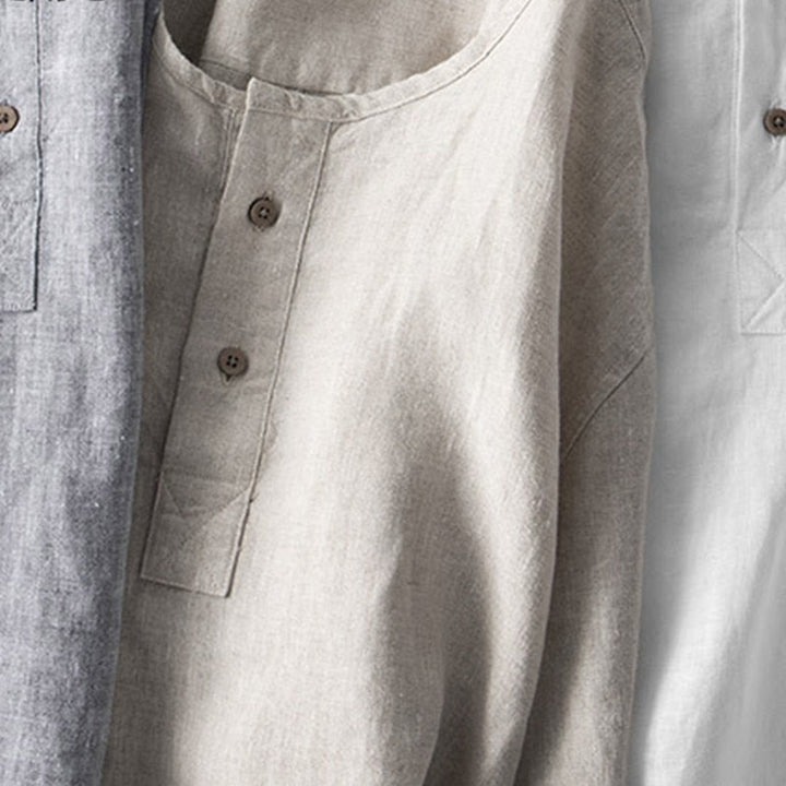 Chemise boutonnée à manches longues de couleur unie Buddha Stones en lin pour hommes - image 14