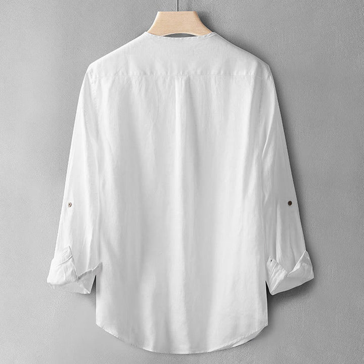 Chemise boutonnée à manches longues de couleur unie Buddha Stones en lin pour hommes - image 12