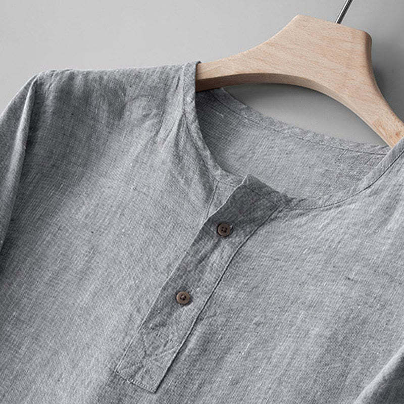 Chemise boutonnée à manches longues de couleur unie Buddha Stones en lin pour hommes - image 6