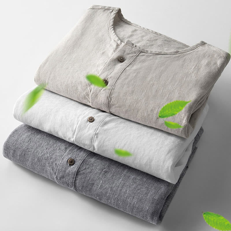 Chemise boutonnée à manches longues de couleur unie Buddha Stones en lin pour hommes - image 4