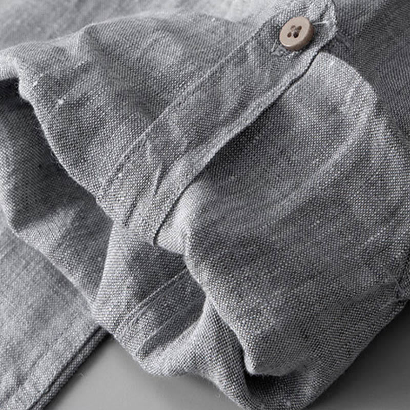 Chemise boutonnée à manches longues de couleur unie Buddha Stones en lin pour hommes - image 9