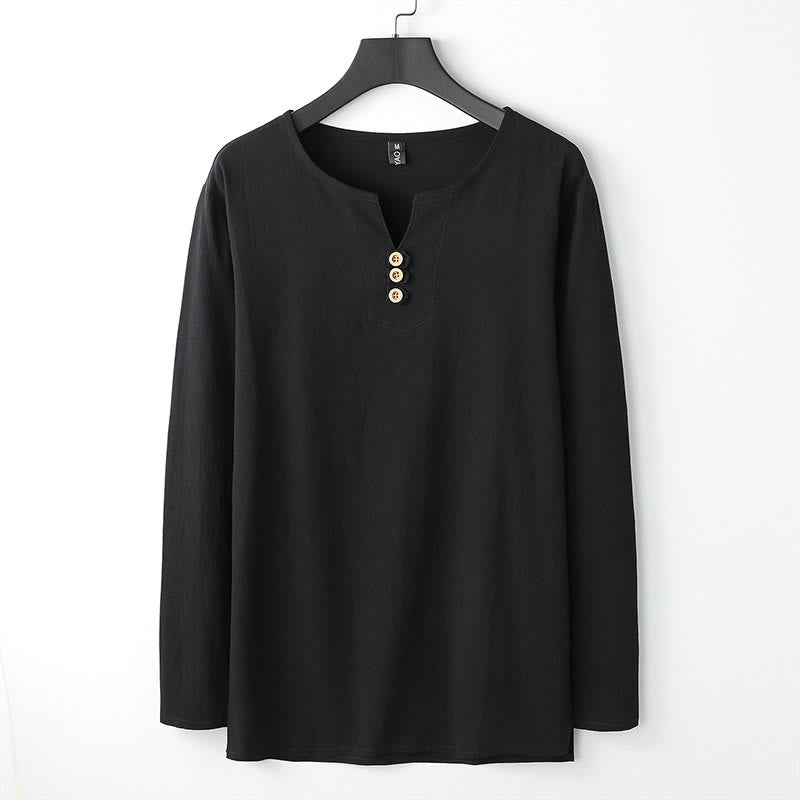 Chemise boutonnée à manches longues en coton et lin pour homme, couleur unie , Buddha Stones - Noir - US/UK/AU54,EU64 (9XL) - image 3