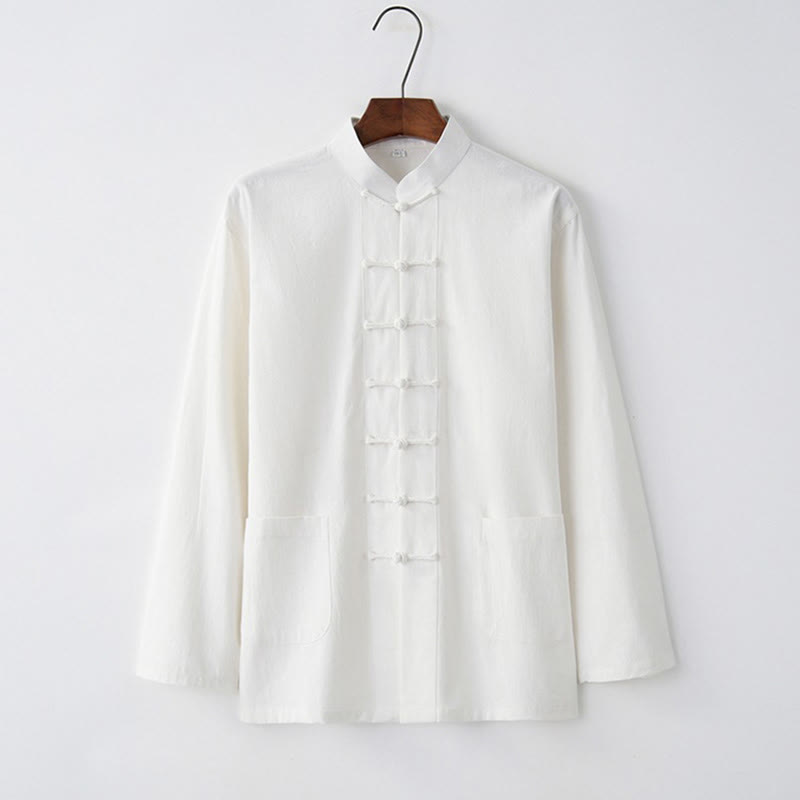 Chemise à manches longues à boutons de grenouille Buddha Stones Tang en coton pour hommes - Blanc - US/UK/AU44,EU54 (4XL) - image 1