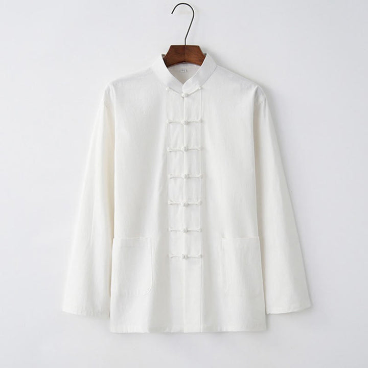 Chemise à manches longues à boutons de grenouille Buddha Stones Tang en coton pour hommes - Blanc - US/UK/AU44,EU54 (4XL) - image 1