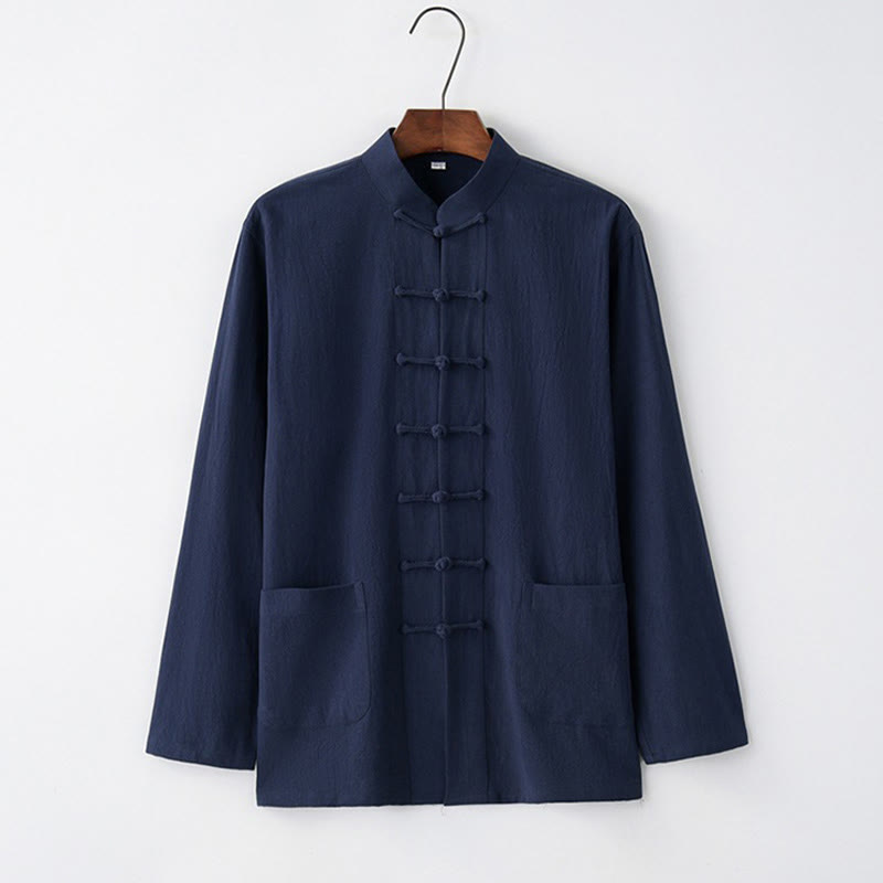 Chemise à manches longues à boutons de grenouille Buddha Stones Tang en coton pour hommes - Bleu nuit - US/UK/AU44,EU54 (4XL) - image 4