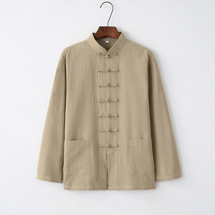 Chemise à manches longues à boutons de grenouille Buddha Stones Tang en coton pour hommes - Tanné - US/UK/AU44,EU54 (4XL) - image 7