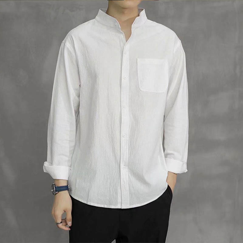 Chemise à manches longues pour homme Buddha Stones avec poche et col montant Chemise confortable en lin - image 14