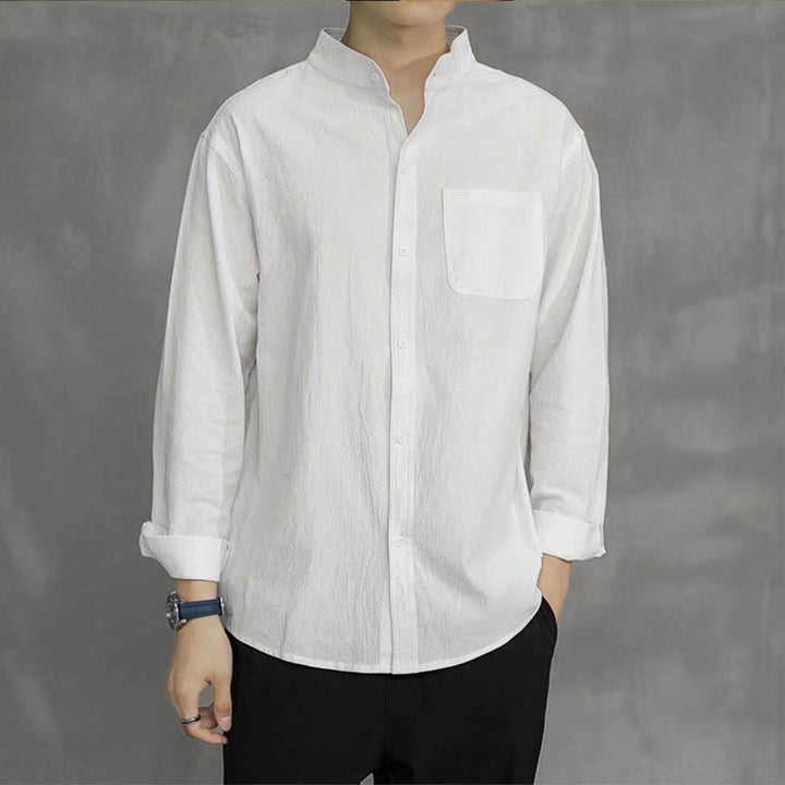Chemise à manches longues pour homme Buddha Stones avec poche et col montant Chemise confortable en lin - image 14