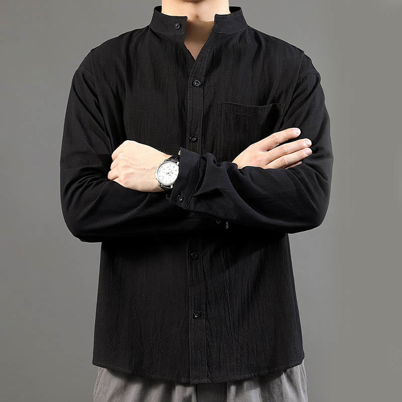 Chemise à manches longues pour homme Buddha Stones avec poche et col montant Chemise confortable en lin - image 18