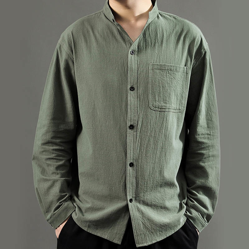 Chemise à manches longues pour homme Buddha Stones avec poche et col montant Chemise confortable en lin - image 2