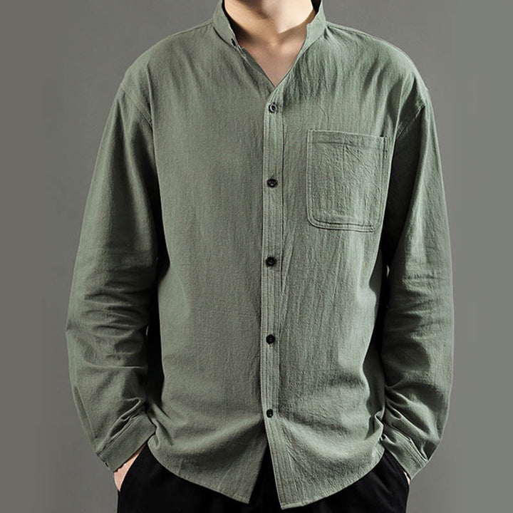 Chemise à manches longues pour homme Buddha Stones avec poche et col montant Chemise confortable en lin - image 2