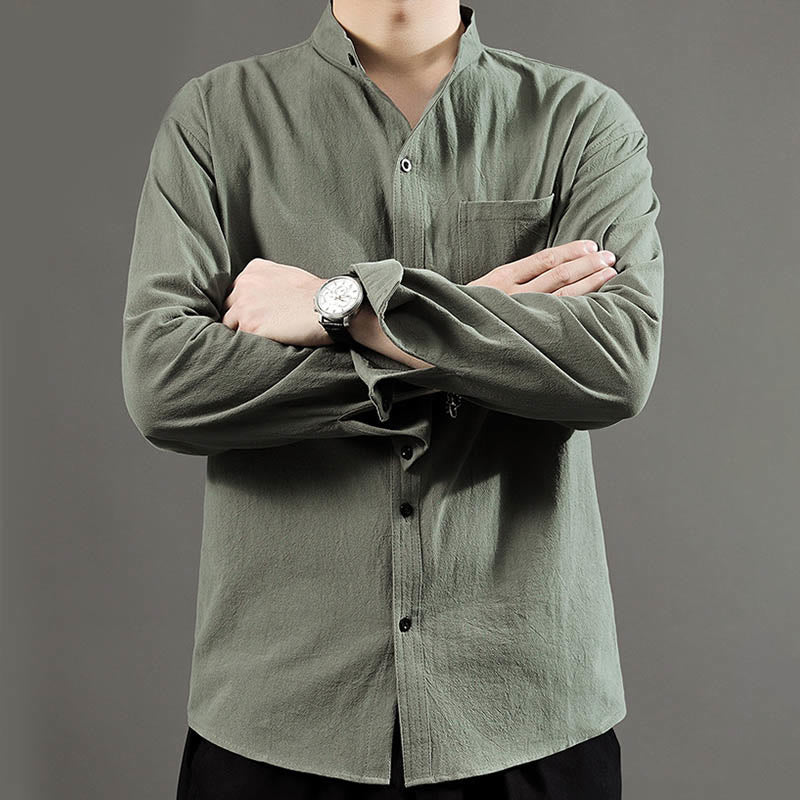 Chemise à manches longues pour homme Buddha Stones avec poche et col montant Chemise confortable en lin - image 7