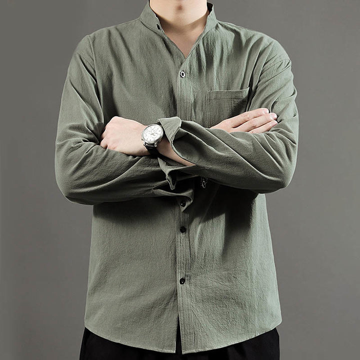 Chemise à manches longues pour homme Buddha Stones avec poche et col montant Chemise confortable en lin - image 7