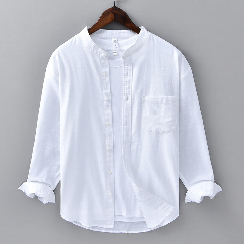 Chemise à manches longues et col montant pour homme avec poche en coton et lin décontracté de couleur unie Buddha Stones - Blanc - États-Unis/Royaume-Uni/AU40, EU50 (3XL) - image 6