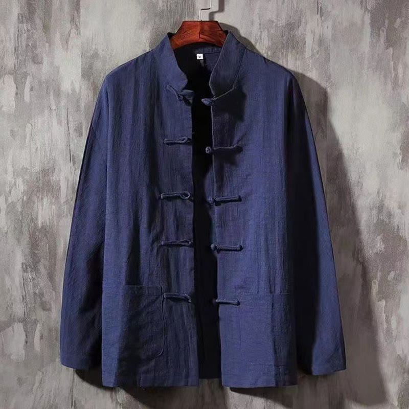 Chemise à manches longues pour homme Buddha Stones Tang, bouton grenouille avec poche, col montant, chemise en lin confortable - Bleu nuit - US/UK/AU46,EU56 (5XL) - image 9