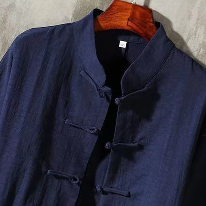 Chemise à manches longues pour homme Buddha Stones Tang, bouton grenouille avec poche, col montant, chemise en lin confortable - image 10