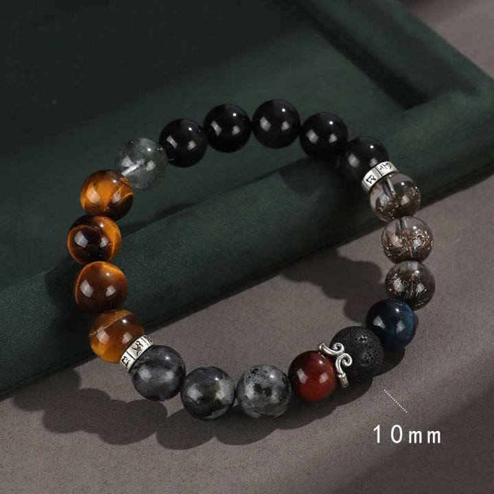 Bracelet de protection de richesse en pierre de lave et œil de tigre en argent sterling 925 avec six mots vrais et onyx noir et or Buddha Stones