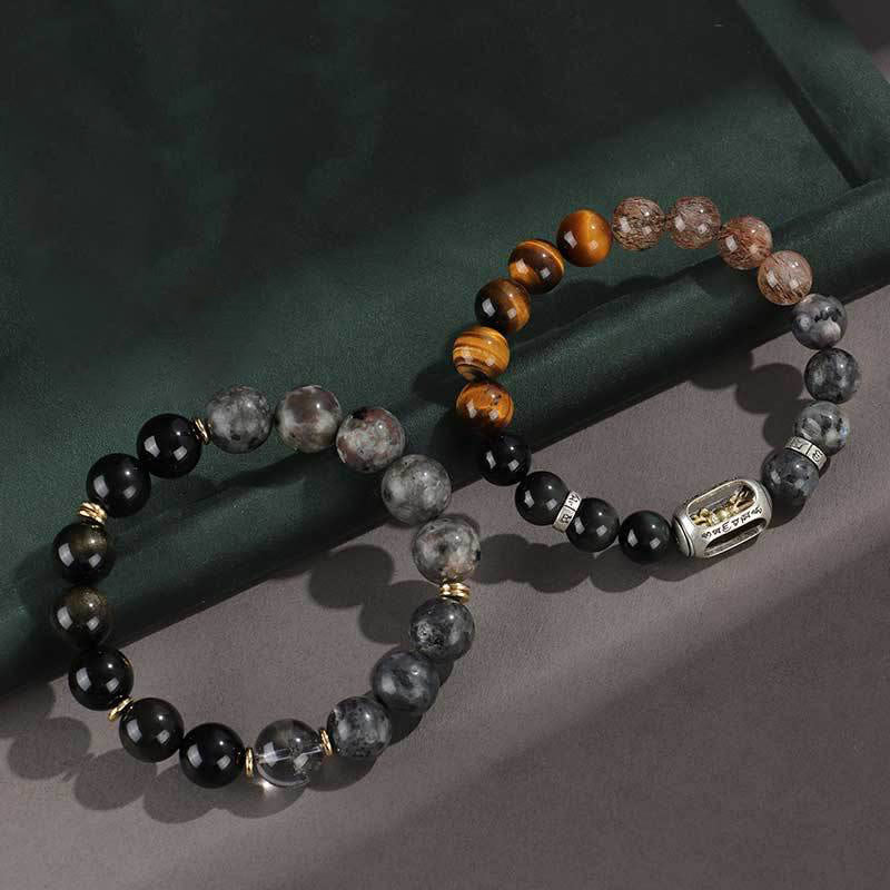 Bracelet de protection de richesse en pierre de lave et œil de tigre en argent sterling 925 avec six mots vrais et onyx noir et or Buddha Stones
