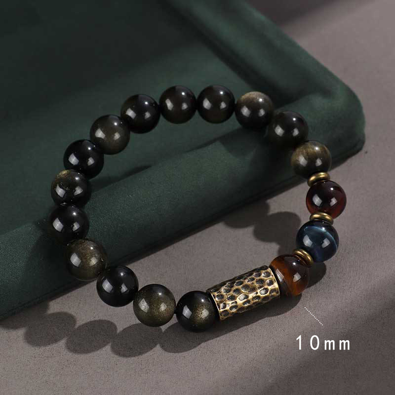 Bracelet de protection de richesse en pierre de lave et œil de tigre en argent sterling 925 avec six mots vrais et onyx noir et or Buddha Stones