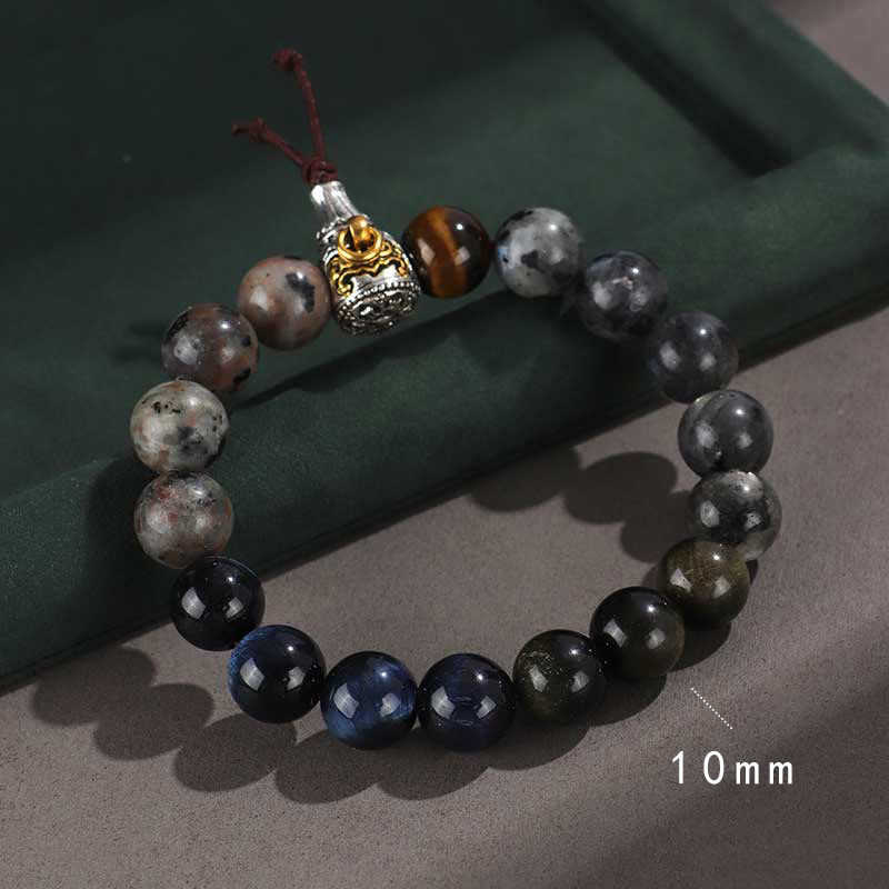 Bracelet de protection de richesse en pierre de lave et œil de tigre en argent sterling 925 avec six mots vrais et onyx noir et or Buddha Stones